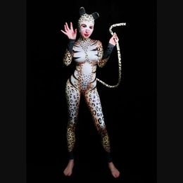 Women's Jumpsuits & Rompers Halloween Party Leopard Cosplay Costumes Women Stretch Skinny Animal Role Playing Bodysuit Sexy Dancer Leotard S