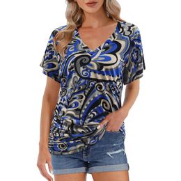 Women's T-Shirt Gold Shirt For Juniors Summer Tops Women Casual V Neck Short Sleeve Floral Printed Blouses TShirts Loose Long T ShirtWomen's