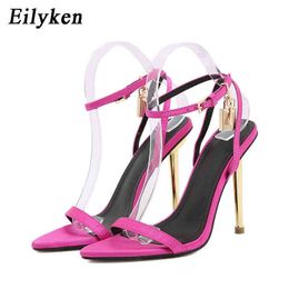 Nxy Sandals Summer New Metal Lock Women Sexy Open Toe Thin High Heels Female Ankle Buckle Strap Club Strippers Shoes