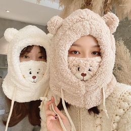 Beanie/Skull Caps Woollen Winter Hat Beanies Women's Hats Scarf Thicked Warm Cute Bear Cartoon Cap With Mask Ladies Protection Delm22