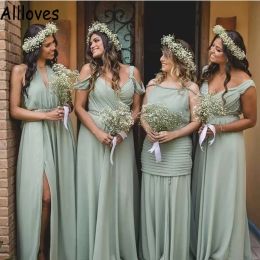 Sage Bridesmaid 2022 Green Dresses Ruched Pleats Straps Side Slit Chiffon Jewel Neck Beach Wedding Guest Gowns Plus Size Custom Made