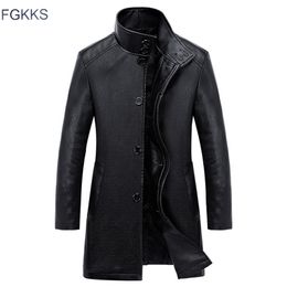 FGKKS Fashion Brand Men's Leather Jacket Spring Autumn Men Long Section PU Leather Windbreaker Male Casual Leather Jackets 201127