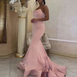 Blush Pink Mermaid Long Prom Dresses Strapless Buttons Back Train Evening Gowns