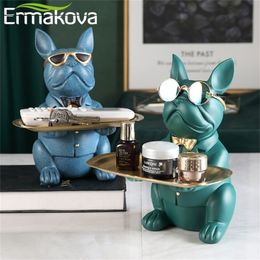 ERMAKOVA Nordic French Bulldog Sculpture Dog Figurine Statue Key Jewelry Storage Table Decoration Gift With Plate Glasses 220329