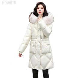 Glossy Parka Women White Winter New Korean Fashion Thick Super Warmth Fur Hooded Down Cotton Jacket Purple Pink Feminina L220730