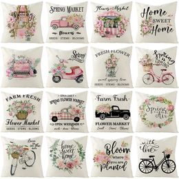 Pillow Case Nordic Style 45x45cm Square Linen Pillowcase Spring Farmhouse Home Decor Cushion Cover Pink Flower Bicycle Printed Pillow 220623