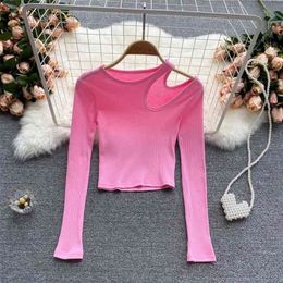 DEAT Spring Summer Fashion Machine Hollow Out Long Sleeve T-shirt Sexy Short Open Navel Solid Color Top Women's SK704 210709