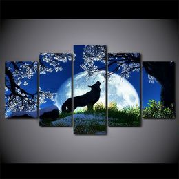 Howling Wolf Blue Moon Night e Home Decor Canvas Print 5 Pcs HD Wall Art Modern Pictures Living Room Modular No Frame