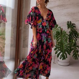Boho Floral Printed V-neck Short Sleeve Self Belted Cotton Dress Tunic Women Summer Clothes Street Wear Maxi Dresses A1341 220510