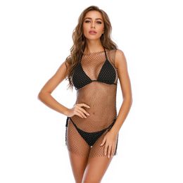 Women's Swimwear Colours Sexy Mesh Diamond Crystal Turtleneck Dress Swimsuit Bikini Cover Up Nightclub Beach Ups For WomenWomen's