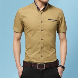 Summer Fashion Design Slim Fit Short Sleeve Cotton Daily Casual Shirt Men's Solid Colours White Khaki Black Pink Blouse 4XL 5XL 210412