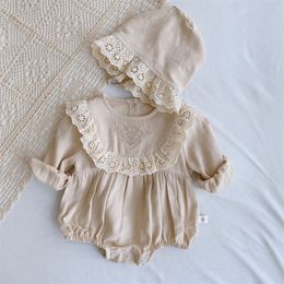 Lace Princess Toddler Romper Autumn Retro Newborn Baby Girl Clothes Cotton Spring Pure Color Infant Outfits 2pcs With Hats 979 D3