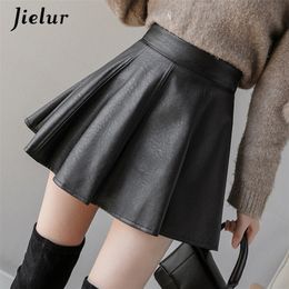 Jielur PU Pleated Skirt Autumn Women Solid Colour Leather Winter s Womens Slim High Waist Saia Faldas Chic Zipper Mini 220317