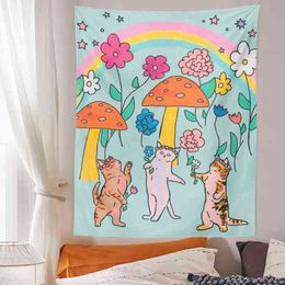Flower Cat Moon Tapestry Bohemian Garden Decoration Wall Rugs Room Decation Items Pendant J220804