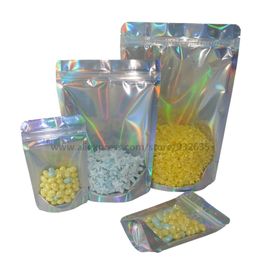 One Side Clear One Side Laser Rainbow PET Pouches Stand Up Zip Food Storage For Cosmetic Gorgeous Packaging 100 Pcs 201022