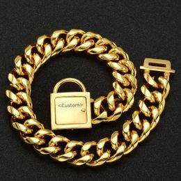 Dog Collars & Leashes Gold Colour Solid Fashion 19MM Metal Chain With Safety Buckle Lock Collar For Pets Necklace Pet Gift Carve On