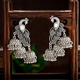 Dangle & Chandelier Women's Vintage Silver Color Peacock Jhumka Earrings Jewelry Turkish Carved Bells Statement Tribal Gypsy JewelryDang