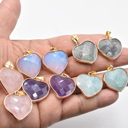 Gold Side Natural Crystal Heart Stone Pendant 25mm Charms Rose Quartz Purple Pendants For Smyckesframställning