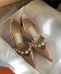 Famous Summer Aurelie Sandals Lady Pumps Pearls Patent Leather Nude Black Pointed Toe Elegant Women's High Heels Party Wedding