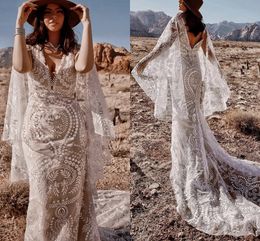 Beach Mermaid Wedding Dresses for Women 2022 Bride with Sleeve Cape Full Lace Applique Country Bohemian Trumpet Wedding Gown