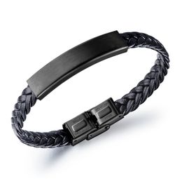 Black Braided Leather Chain Stainless Steel ID Bracelet for Men Simple Fashion Gifts Jewellery 8.26 inch