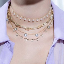 Chokers Fashion European Women Choker Necklace Micro Pave Clear Cubic Zirconia CZ Gold Colour Plated Paper Clip Chain JewelryChokers