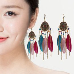 Women's Ethnic Boho Long Feather Earrings Bijoux Summer Vintage Gold Alloy Chain Tassel Dangle Earrings