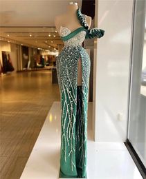 Prom Green Mermaid Dresses Sexy One Shoulder Sleeveless Lace Shiny Sequins Appliques Side Slit Train Evening Plus Size Formal Party Gowns Custom Made