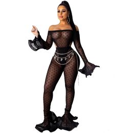 Sexy Mesh 2 Piece Set Women Club Outfits Festival Clothing Party Bodysuit Top and Flare Pants Set Two Piece Matching Women Sets
