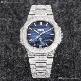 R8F 5726 Cal A324 Moon Phase Automatic Mens Watch Paved Diamonds Case Blue Stick Dial Iced Out With Bling Diamond Bracelet Super Edition Jewellery Watches Puretime B2