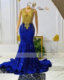 Luxury Royal blue Africa Evening Dresses 2022 For Black Girls Mermaid Plus Size Appliques Crystal Prom Dress Party Gowns