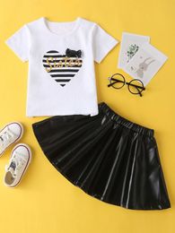 Toddler Girls Heart Print Tee With PU Skirt SHE