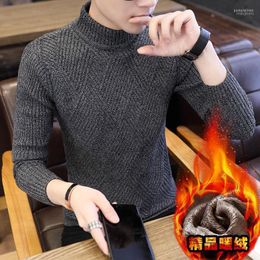 Han Version Of 2022 Men's Sweater Thickened Plush Knitwear Youth Half High-neck Dress Bottom Sweaters