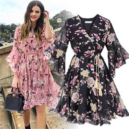 Chiffon High Elastic Waist Party Dress Bow A-line Women Butterfly Sleeve Flower Print Floral Boho Dress Female Vestido Plus Size 220531