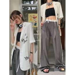 Women's Jackets Summer High Street Letter Printing Mid-length Short-sleeved Jacket Women Lace-up Loose Casual Pants Two-piece SuitWomen's