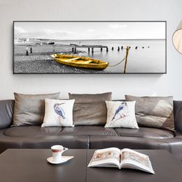 Natural Gold Boat Black Wooden Bridge Landscape Canvas Painting Cuadros Posters and Prints Wall Art Picture for Living Room