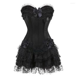 Bustiers & Corsets Corset Dress For Women Sexy Stripe Overbust And Mini Skirt Chicastic Satin Strong Boned Lace Up Black TopBustiers