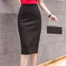 Elegant High Waist Skirts Workwear Plus Size Midi Skirt Slit Black Red elastic Office Lady Bodycon Pencil Skirts Womens 4XL 5XL 210306