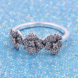 100% 925 Sterling Silver Triple Pansy Flower Ring with Clear Cz Fit Pandora Jewelry Engagement Wedding Lovers Fashion Ring