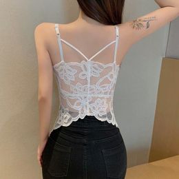 Summer new sexy women's spaghetti strap padded v-neck lace floral pattern perspective vest tank tops camisole MXLXXL