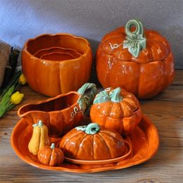 Pumpkin Bowl Plates Mug Ceramic Storage Box Butter Plate With Cover Kitchen Appliance Y201006