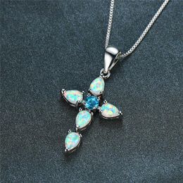 Pendant Necklaces Boho Female Blue Crystal Necklace Trendy White Opal Stone For Women Charm Bridal Cross Wedding NecklacePendant