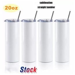in Stock 20oz White Sublimation Straight Tumbler Blanks Double wall Stainless Steel Vacuum Cup Water Bottle Heat Press Machine Sublimation Printing