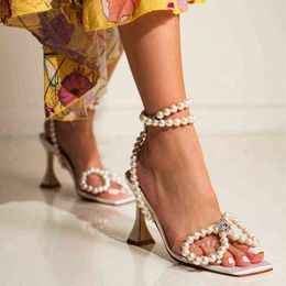 New Summer Stiletto Heels Pearl Butterfly Knot Sandals Bowknot Rhinestone Satin High Heel Women 220520