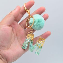 Cute Keyring Green Pompom Fur Ball 26 Letter Keychain Resin Key Chains Handbag Charms For Woman Ornaments Accessories Gift