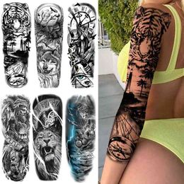 NXY Temporary Tattoo Forest Tiger s Sleeve for Women Men Adult Fake Wolf Lion Sticker Black Clock Geometry Waterproof Tatoo 0330