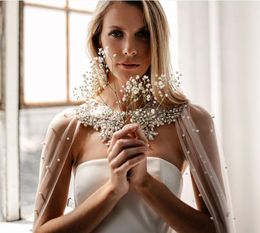 Crystal Necklace + Tulle Long Wrap Wedding Party Women's Cloak With Pearls