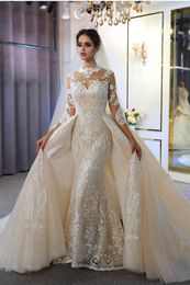 Champagne Long Sleeves Mermaid Wedding Dresses With Detachable Train Vintage High Neck Plus Size Sparkling Bridal Gowns Real Image BC5030