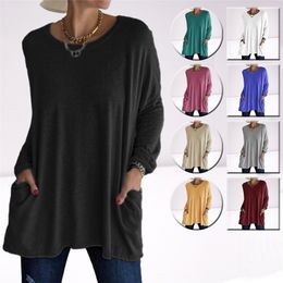 Spring Vintage Solid Colour Pocket Oversized T-shirt Female Clothing Basic Tunic Black Y2k Top Women Long Sleeve Loose T Shirt 220402