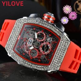 High Quality Mens 43MM Watch All Dials Work Stopwatch Clock Quartz Imported Movement Waterproof Rubber Strap Sports Style Diamonds Hollowed Wristwatches